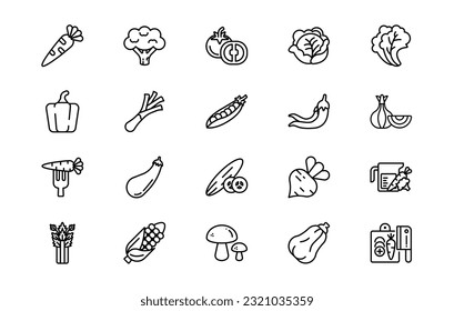 Vegetables lines icon set. Vegetables genres and attributes. Linear design. Lines with editable stroke. Isolated vector icons.