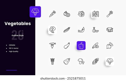 Conjunto de iconos de líneas de verduras. Verduras géneros y atributos. Diseño lineal. Líneas con trazo editable. Iconos aislados del vector.