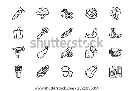 Vegetables lines icon set. Vegetables genres and attributes. Linear design. Lines with editable stroke. Isolated vector icons.