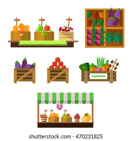 Vegetables Market Stands Set  Flat Vector Illustrations On White Background