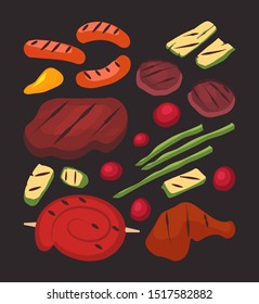 Vegetables and meat. Beef, peppers, tomatoes, and sausages on a dark background. Vector illustration in flat style. Food.