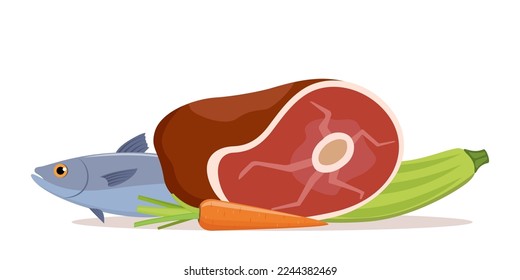 Verduras, carne, pescado. Carne cruda roja, zanahorias, calabacín. Productos saludables. Comida orgánica de la granja. Ilustración plana del vector