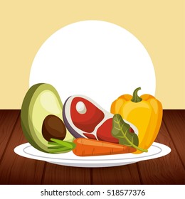 vegetables and meat  in a plate over wooden table. vector illustration