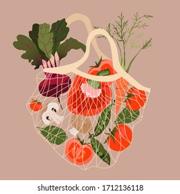 Vegetables in a mesh. Variety of fresh vegetables in a recycling bag. Trendy hand-drawn vector illustration for web and banner design. Grocery, supermarket and shopping concept. Healthy lifestyle.