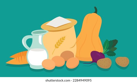 Vegetables and milk products. Vector illustration in flat style.