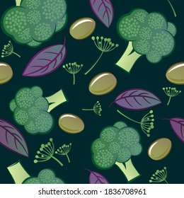 Vegetables mix seamless pattern. Green broccoli with basil leaves and dill spicy herbs. Original simple flat illustration. 