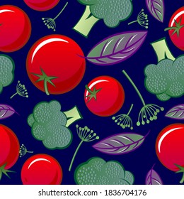 Vegetables mix seamless pattern. Ripe tomatoes with basil leaves and dill spicy herbs. Original simple flat illustration. 