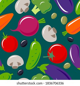 Vegetables mix seamless pattern. Tomatoes, eggplants, cucumbers, broccoli, carrots, beetroot, mushrooms, olives. Original simple flat illustration. 
