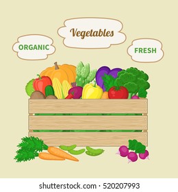 Vegetables mixed in a wooden box. Crate with autumn vegetables. Fresh Organic food from the farm.  Vector colorful illustration of the logo autumn harvest
