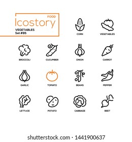 Vegetables - modern line design style icons set. High quality images of corn, broccoli, cucumber, onion, carrot, garlic, tomato, beans, pepper, lettuce, potato, cabbage, beet. Healthy food concept