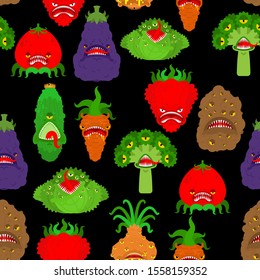Vegetables monster pattern seamless. Vegetable GMO mutant background . genetically modified Tomato and cabbage texture. Bell pepper and eggplant. Potatoes, onions and broccoli. Cucumber and carrots 