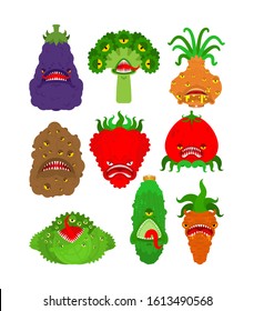 Vegetables monster set. Vegetable GMO mutant. genetically modified Tomato and cabbage. Bell pepper and eggplant. Potatoes, onions and broccoli. Cucumber and carrots. vector illustration
