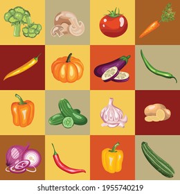 Vegetables mosaic vector illustration with zucchini, garlic, potato, onion, cucumber, tomato. broccoli, pepper, chili, carrot, mushrooms and pumpkin