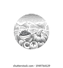 Vegetables and mountain scenery. Hand drawn engraving style vector illustration.