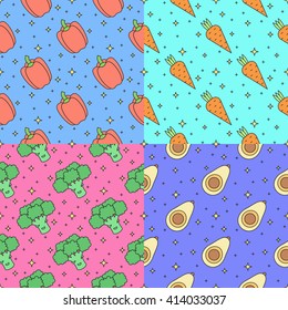 Vegetables multicolored outline seamless vector pattern set (pepper, carrot, broccoli, avocado). Modern minimalistic design. Part one.