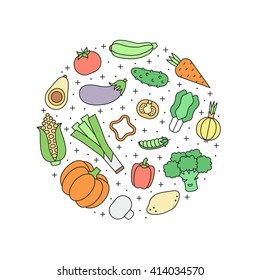 Vegetables multicolored outline vector circle illustration. Modern minimalistic design.