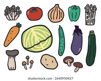 Vegetables and mushrooms. Cabbage, tomato, bell pepper, onion. Hand-drawn cartoon-style color illustration collection with outlines