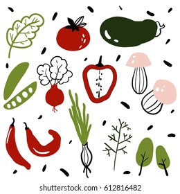 Vegetables and Mushrooms flat icons set: onion, radish, tomato, pepper, peas, lettuce. Colorful design illustrations for for healthy food menu bar, banners, prints. Hand drawn doodle collection