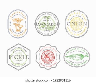 Vegetables and Mushrooms Frame Badges or Logo Templates Collection. Hand Drawn Avocado, Onion, Pickle, Tomato and Jalapeno Sketches with Typography and Borders. Vintage Premium Emblems Set. Isolated.