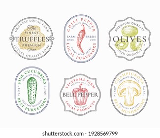 Vegetables and Mushrooms Frame Badges or Logo Templates Collection. Hand Drawn Olives, Truffles, Pickle, Bell and Chili Pepper Sketches with Typography and Borders. Premium Emblems Set. Isolated.