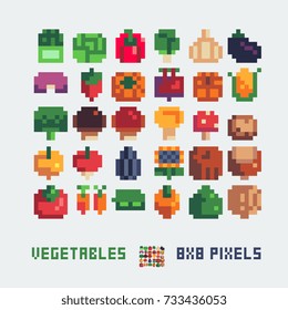 vegetables, mushrooms and nuts icons set, 8x8 resolution, pixel art style vector illustration isolated on light color background