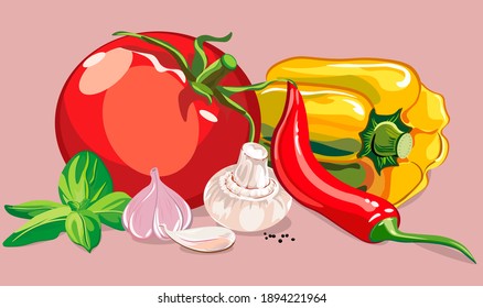 vegetables and mushrooms on a pink background