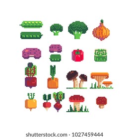 Vegetables and mushrooms pixel art icons set pea broccoli release tomato onion radish cabbage isolated vector illustration. Design for stickers, logo, mobile app. Game assets 8-bit sprite.