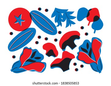 Vegetables Mushrooms, tomatoes, cucumbers, asparagus, spinach, chicory abstract vector illustration.  Cartoon vegetables set poster. Can be use for restaurants menu, cover, packaging.