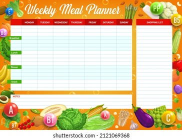 Vegetables, Natural Vitamins And Minerals, Weekly Meal Planner Vector Schedule, Organizer Check List. Food Plan For Week Or Calendar Menu For Fitness Or Workout Diet And Grocery Shopping List