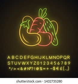 Vegetables neon light icon. Cucumber, tomato, carrot. Healthy nutrition. Vegetarian, vegan food. Agriculture plants. Glowing sign with alphabet, numbers and symbols. Vector isolated illustration