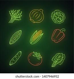 Vegetables neon light icons set. Cabbage, beet, corn, tomato, cucumber, pepper. Vitamin. Diet. Healthy nutrition. Vegetarian food. Glowing signs. Vector isolated illustrations