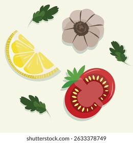 legumes no fundo alho tomate limoeiro ervas