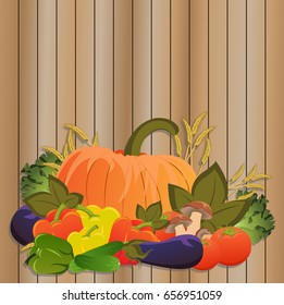 Vegetables on the background of wooden boards. Tomato, cucumber, pumpkin, cabbage, celery, eggplant, bell pepper, mushrooms, ears of wheat or rye. Autumn harvest. Thanksgiving Day. 