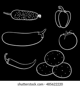 Vegetables on black background. Outline doodle. Vector illustration