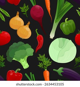 Vegetables on a black background. Pepper, cabbage, eggplant, peas seamless pattern.