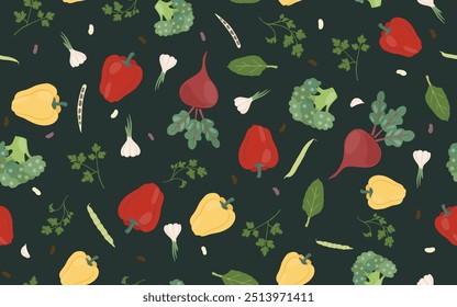 Legumes em um fundo preto. Padrão contínuo. Pimenta, brócolis, salsa, beterraba, puxados à mão. Fundo para têxtil, papel, tampa, pratos, decoração interior.