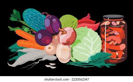 Vegetables on black fon and Jar with Pickles