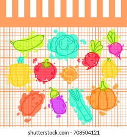 Vegetables on color spots.  Background orange table cloth in a cage. Illustration of vegetables with color lines background. Concept set for kitchen theme.