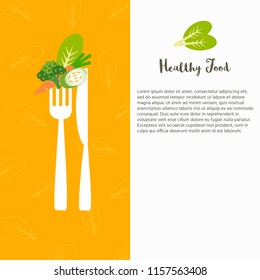 Vegetables on fork. Healthy eating concept. Vector illustration.