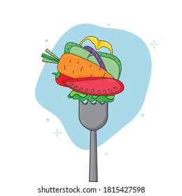 Vegetables on a fork. Healthy food. Vegan food. Vector illustration.