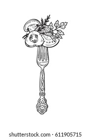 Vegetables on a fork. Healthy product. Vegan Food. Hand drawn Sketch Useful Salad of Mushrooms, Cucumber, Tomato, Onion, Herbs. Vector Illustration 