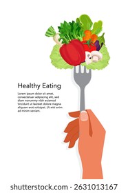 Vegetables on a fork stock illustration. Healthy eating concept. vector illustration