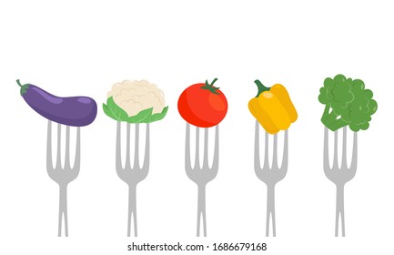 Verduras en un tenedor. Concepto de alimentación saludable. Ilustración vectorial.