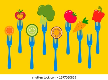 vegetables on forks, healthy food concept
