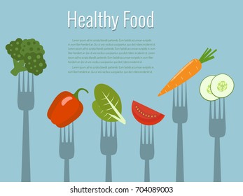 Vegetables on forks. Healthy food vector illustration.