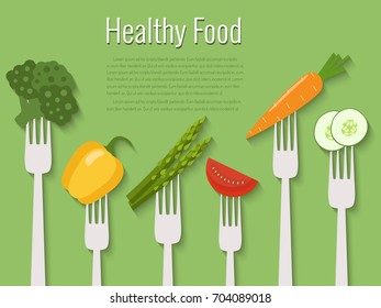 Vegetables on forks. Healthy food vector illustration.
