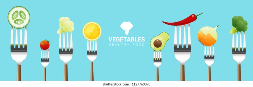 Vegetables on forks isolated on colorful background , healthy food concept , vector , illustration