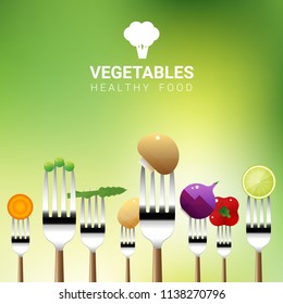 Vegetables on forks isolated on natural background , healthy food concept , vector , illustration