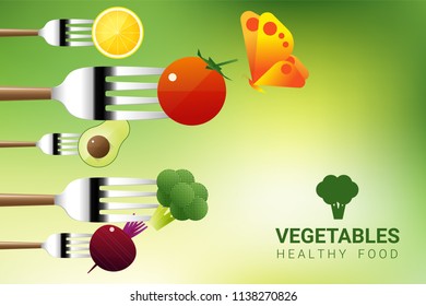 Vegetables on forks isolated on natural background , healthy food concept , vector , illustration
