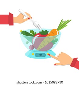 Vegetables on the kitchen scales. Weighing food portions before eating, diet concept. Vector illustration.